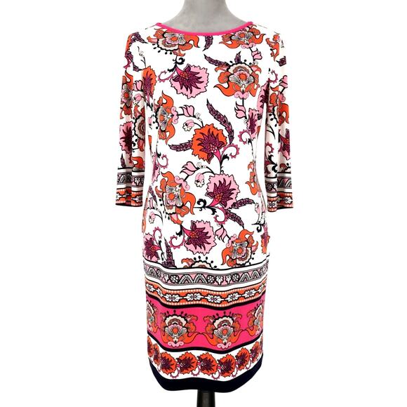 Chico's Dresses & Skirts - Chicos Dress 0 Womens Small 4 Ivory Pink Floral Stretch Knit Lined Zip Career
